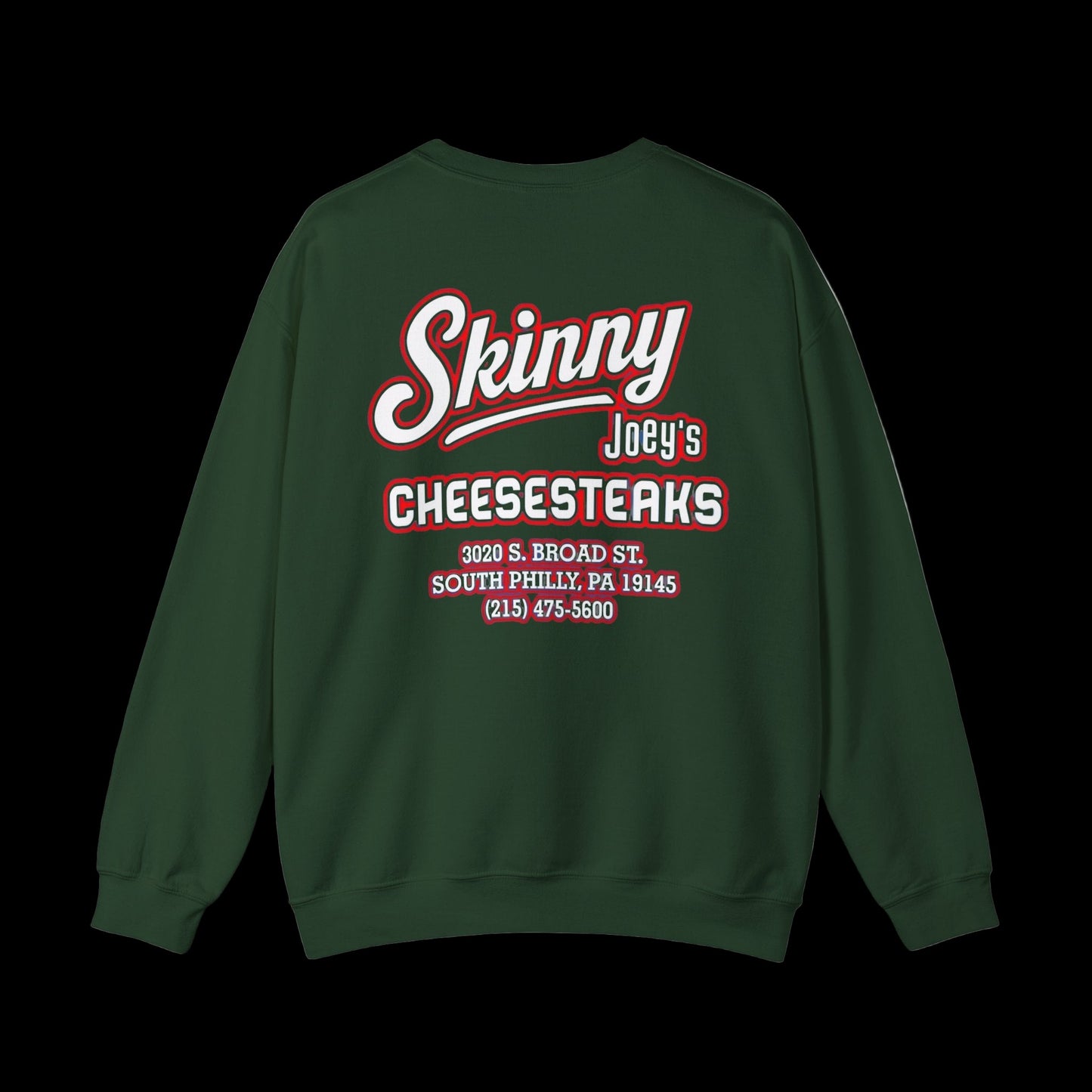 Green sweatshirt with red and white text on the back on a white background