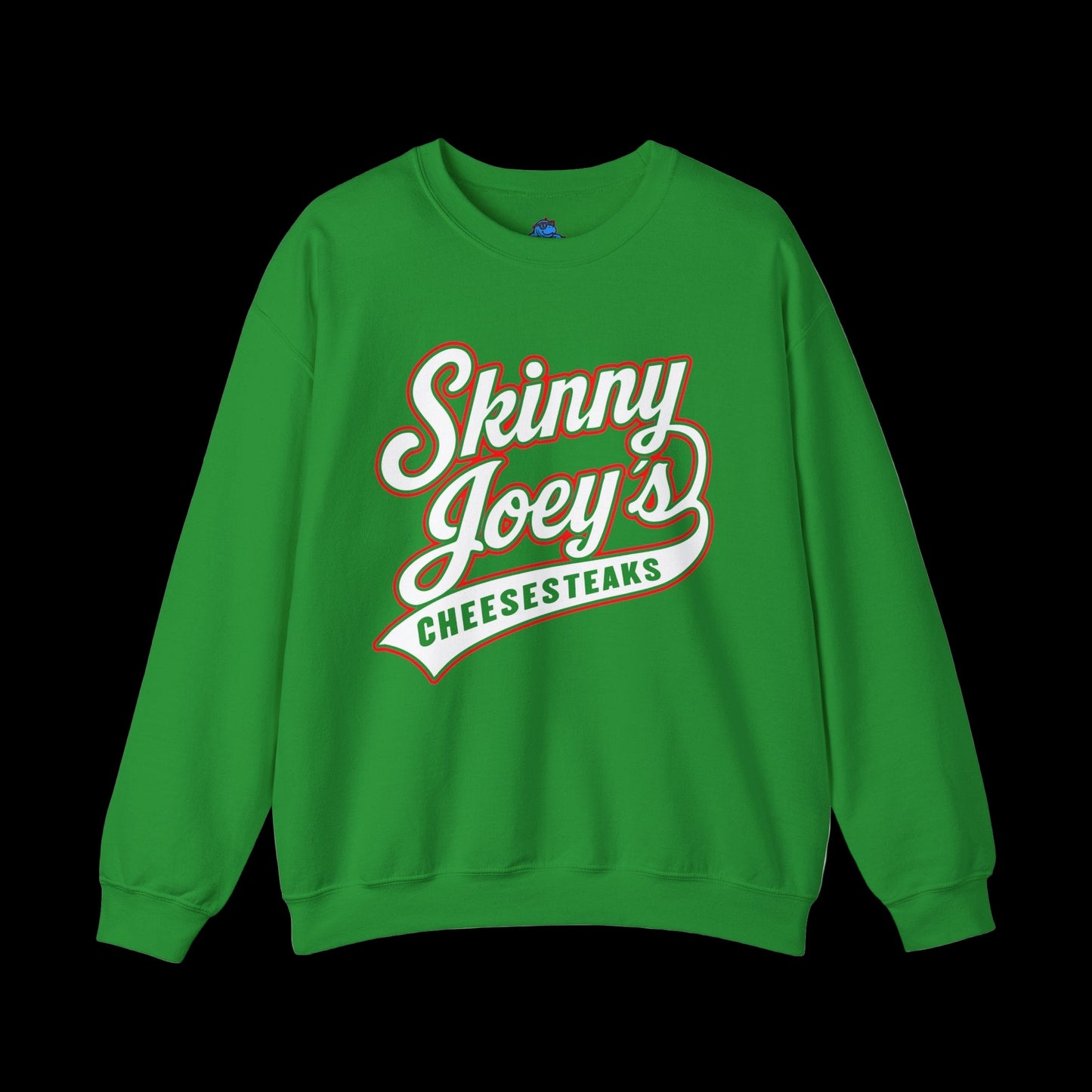 Green sweatshirt with 'Skinny Joey's Cheesesteaks' text on a white background