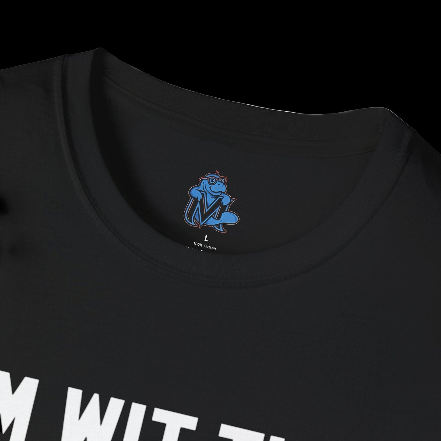 Black t-shirt with a blue logo on the collar area