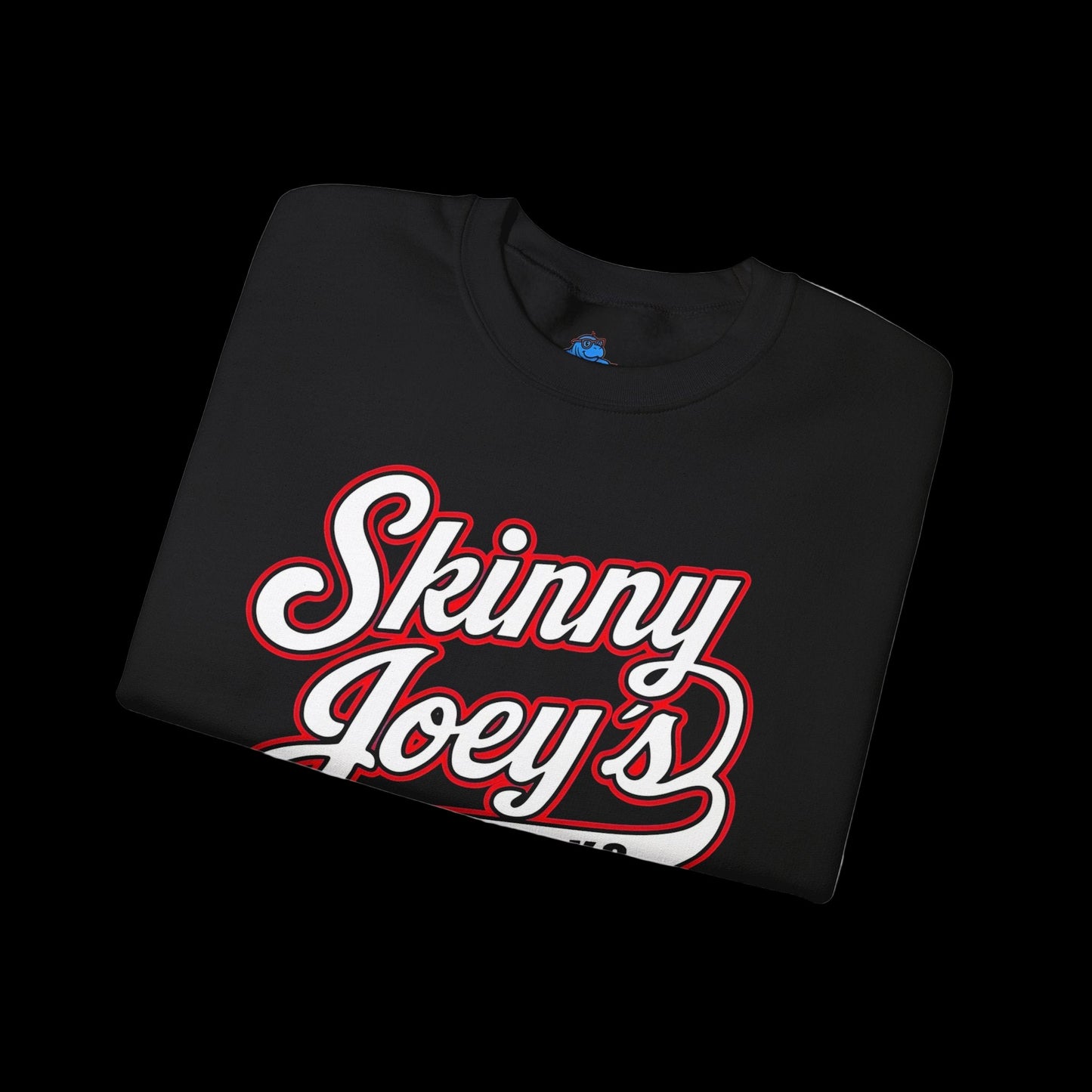 Folded black t-shirt with 'Skinny Joey's' text on a white background