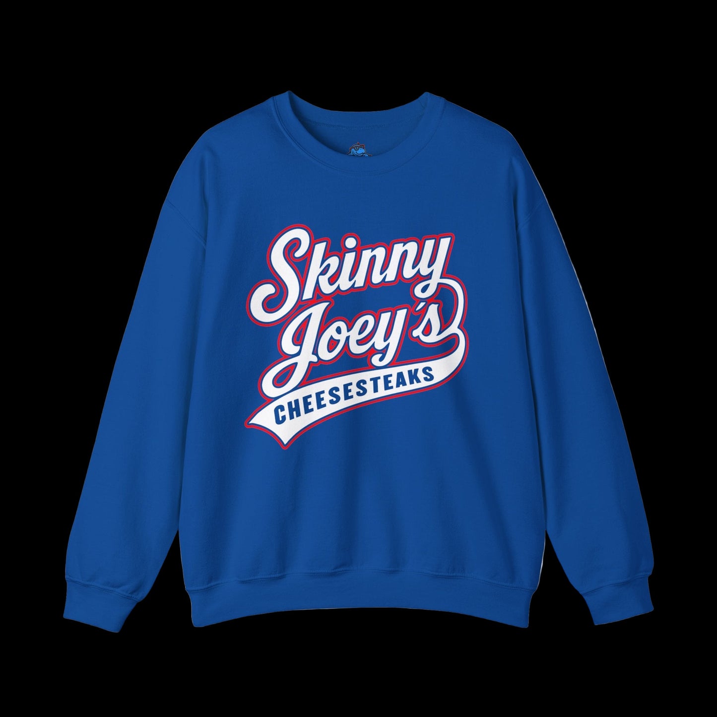 Blue sweatshirt with 'Skinny Joey's Cheesesteaks' text on a white background