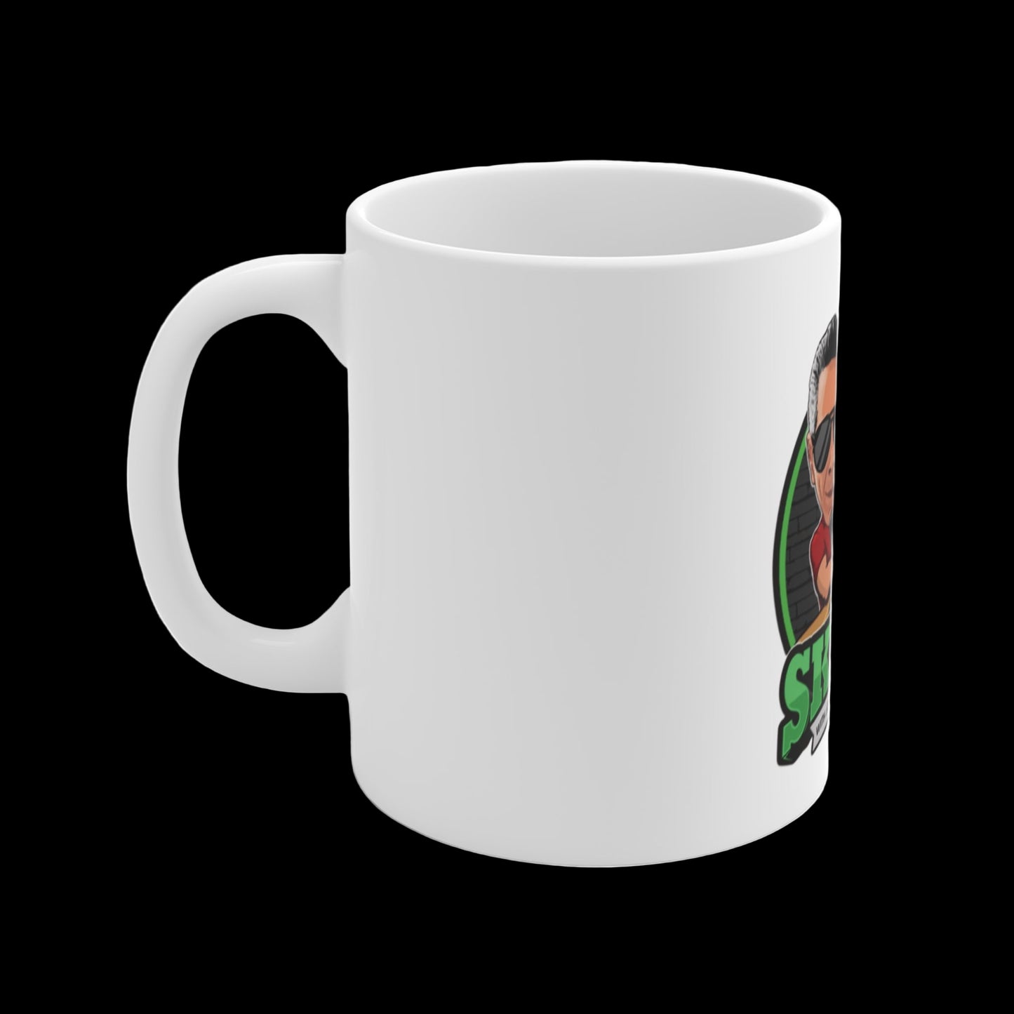 White mug with a colorful logo on a white background