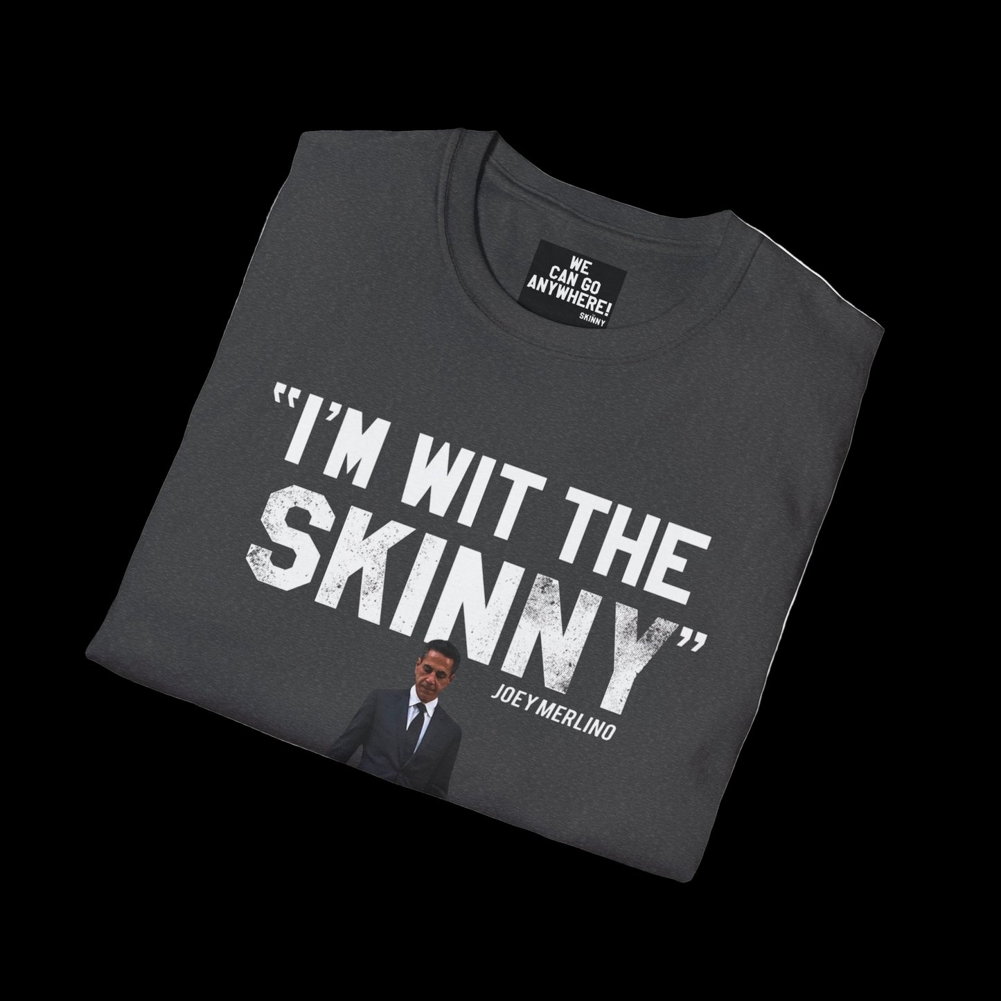 Folded black t-shirt with text and a small image of a man on a white background