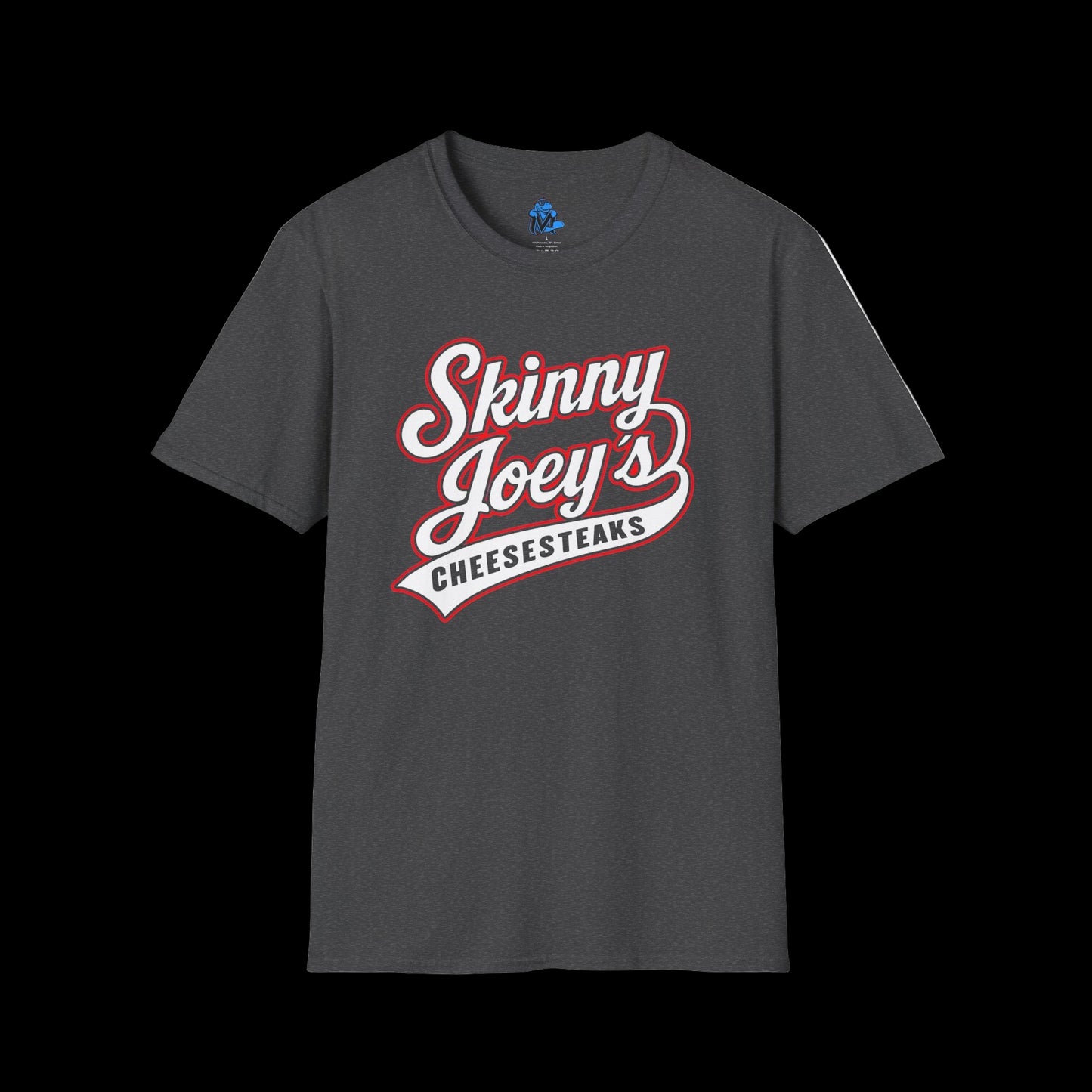 Gray t-shirt with 'Skinny Joey's Cheesesteaks' text on a white background