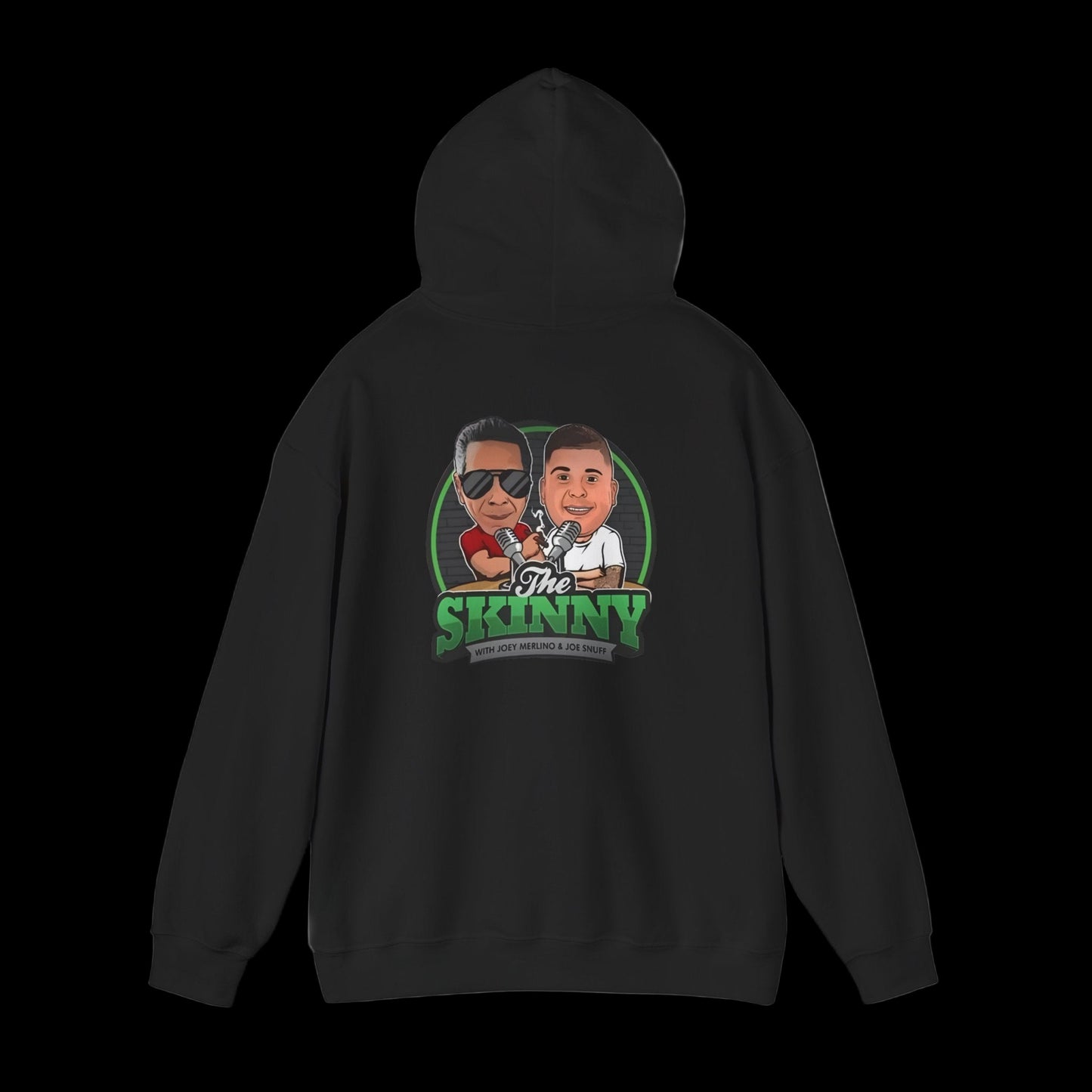 Black hoodie with 'The Skinny' graphic on a white background