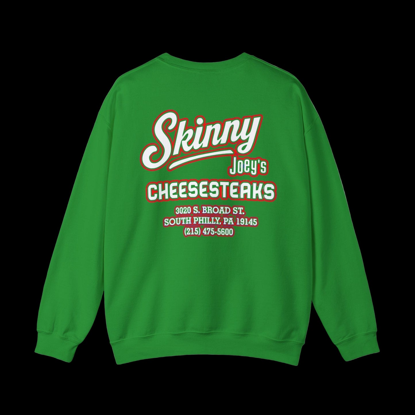 Green sweatshirt with 'Skinny Joey's Cheesesteaks' text on the back against a white background