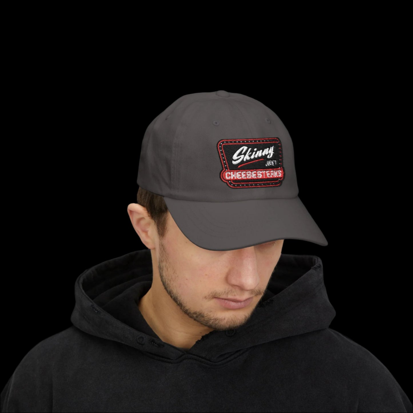 Skinny Joey Merlino hat, Skinny Joey merch, Joey Merlino hat, Philly cheesesteak hat, Skinny Joey’s Cheesesteaks streetwear, Joey Merlino apparel, The Skinny Podcast hat, mob-inspired fashion, South Philly cap, Skinny Joey red logo hat.