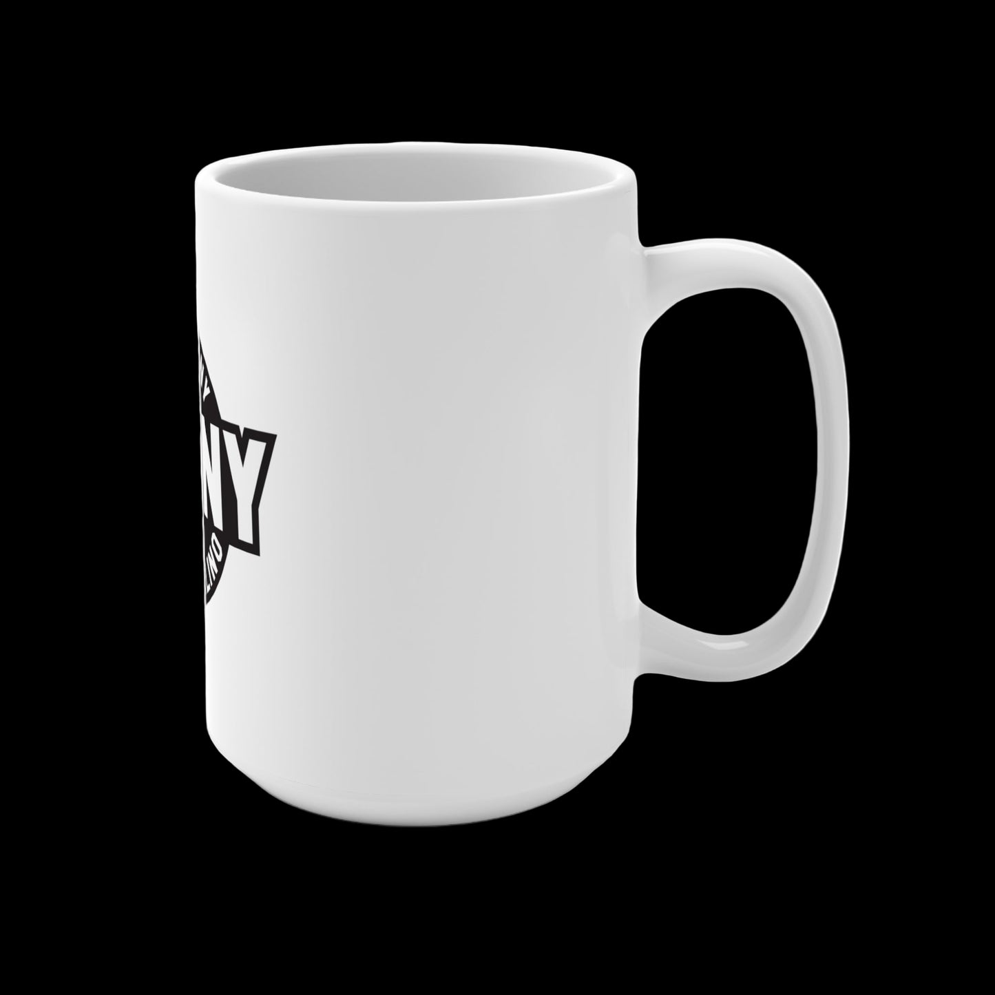 White mug with a black logo on a white background