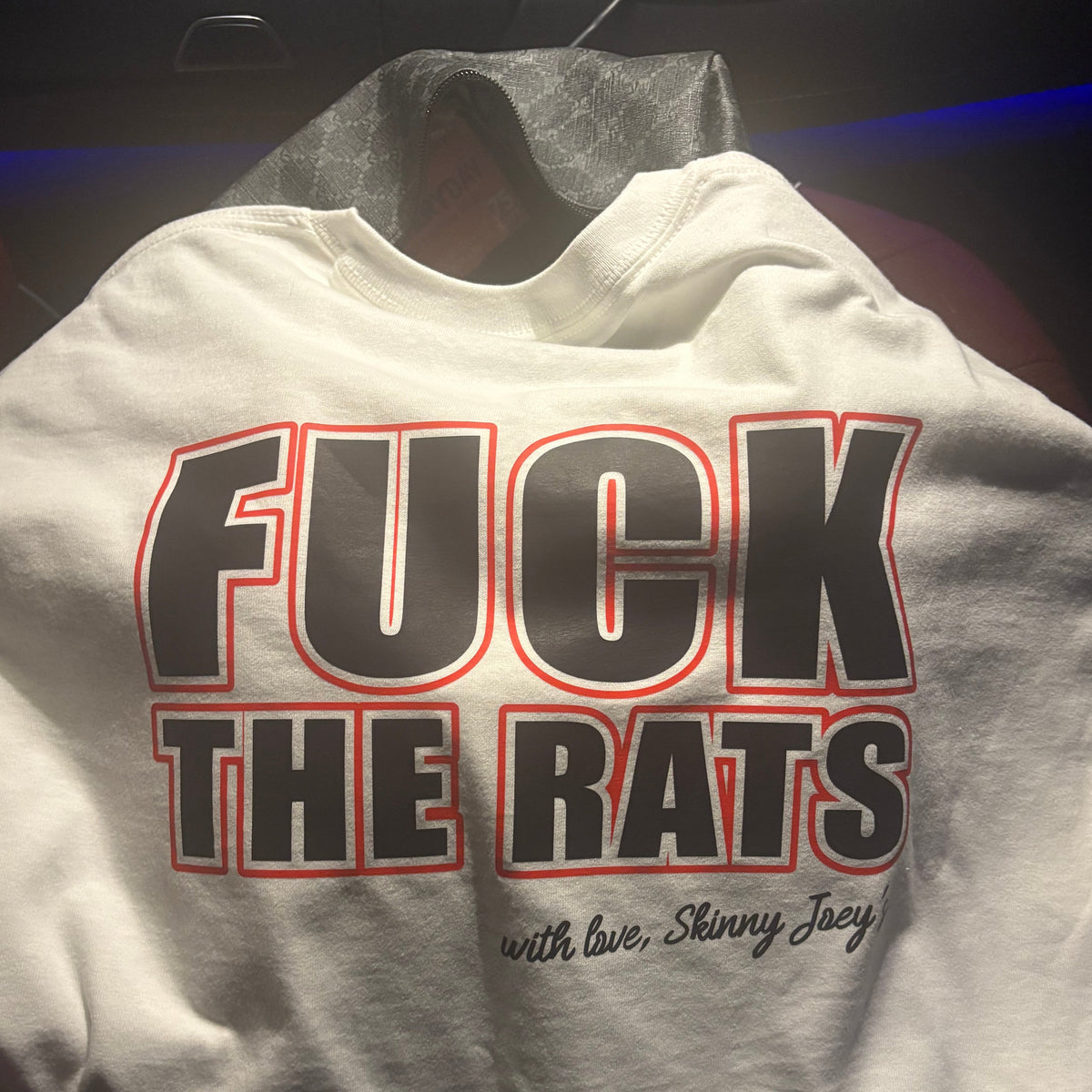 Rats Statement graphic tee in white, close-up of back print, Skinny Joey Merlino Philly mob merch