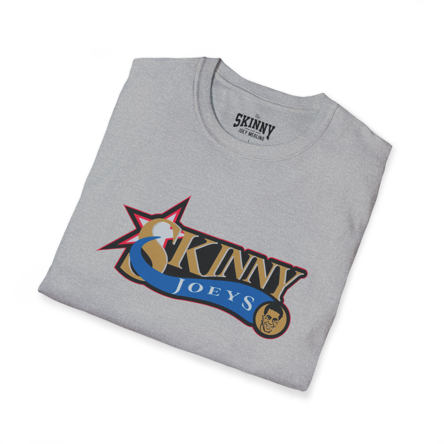 Folded gray t-shirt with 'Skinny Joey's' logo on a white background
