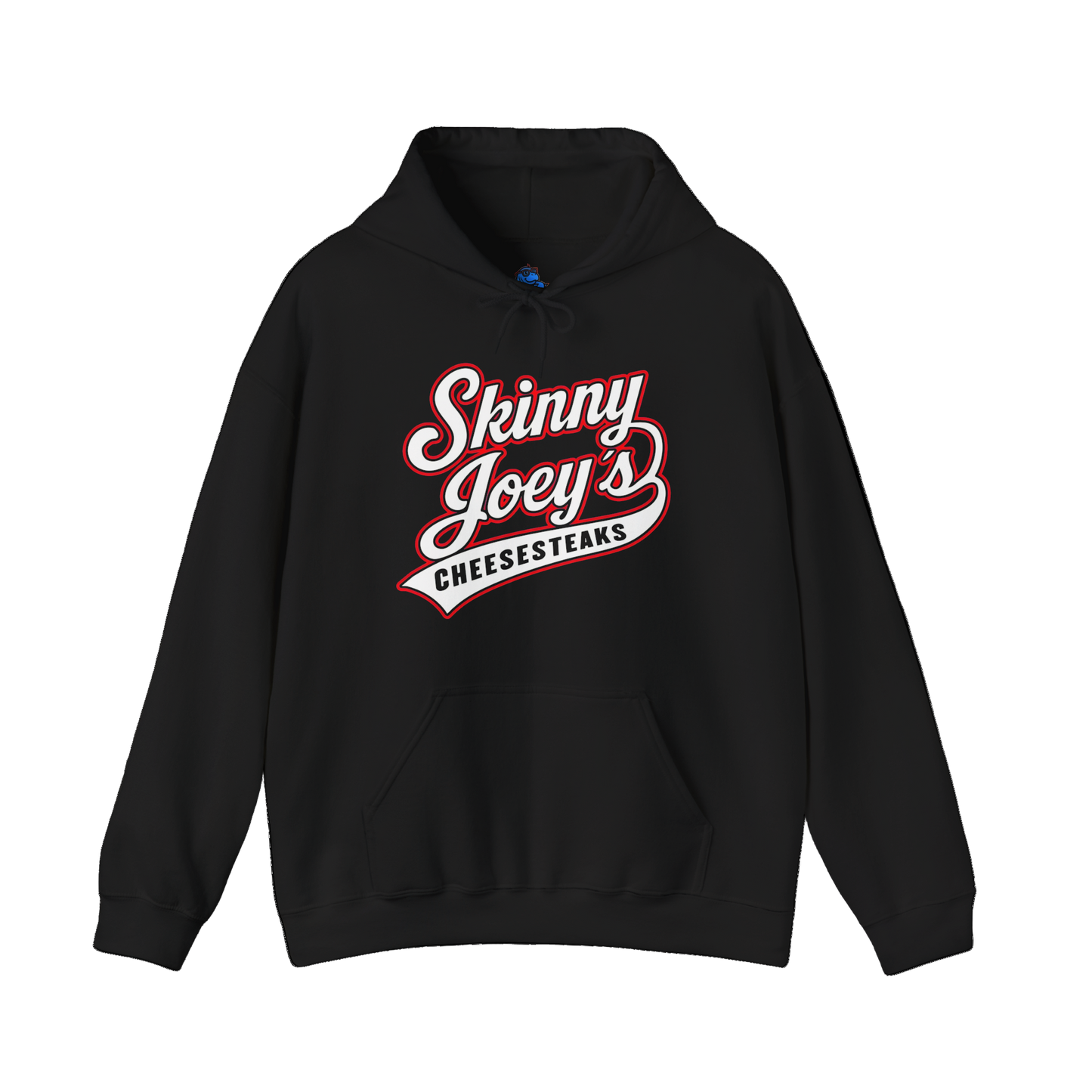 Black hoodie with 'Skinny Joey's Cheesesteaks' text on a white background