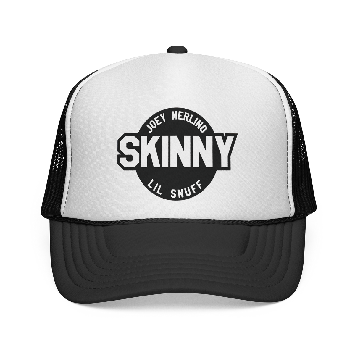 Skinny Joey & Lil Snuff trucker cap in black and white, front view, Skinny Joey Merlino Philly mob merch