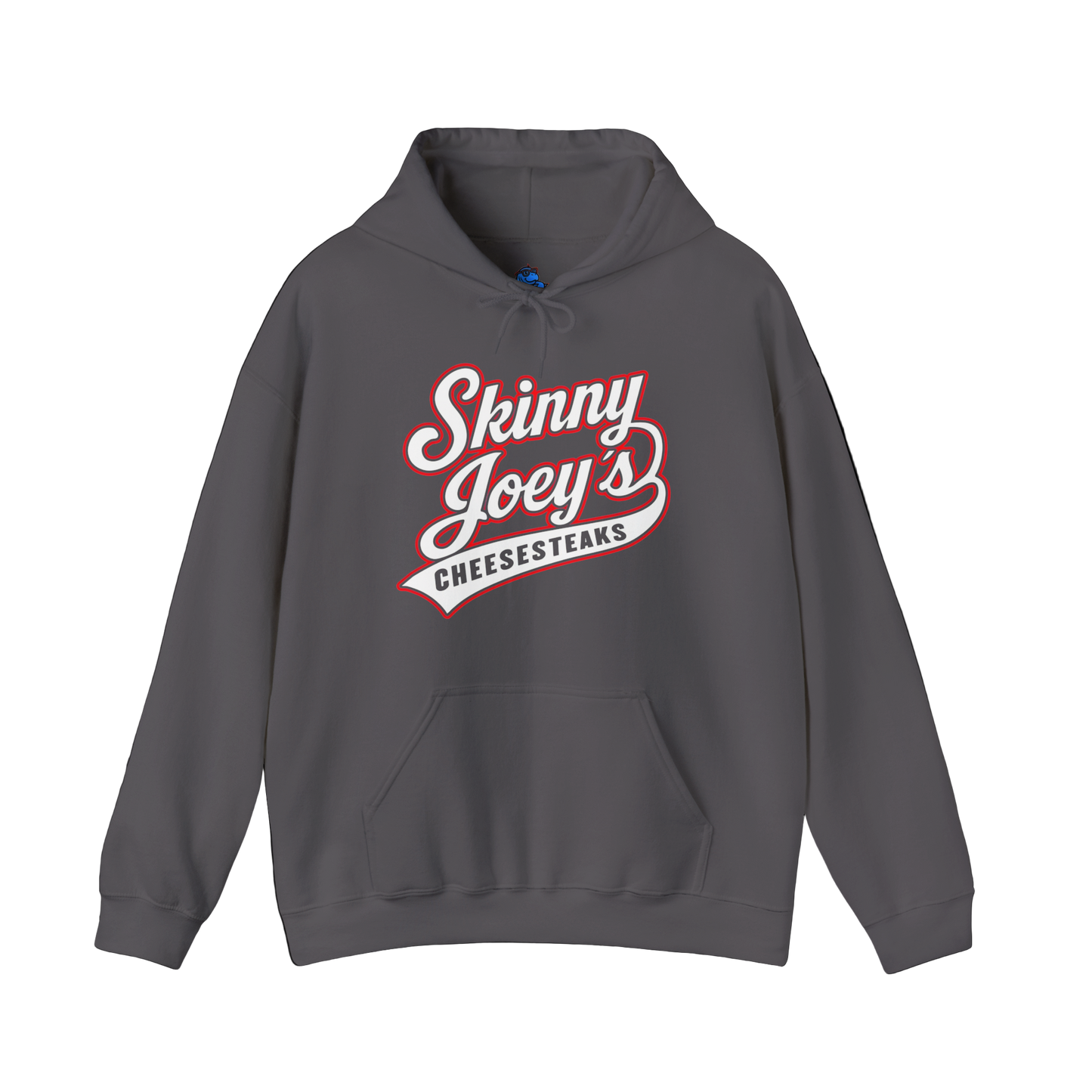 Gray hoodie with 'Skinny Joey's Cheesesteaks' text on a white background