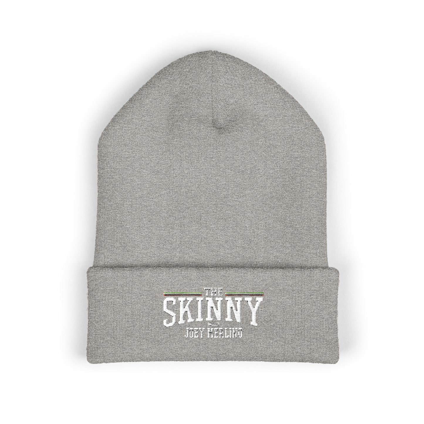 Gray beanie with 'The Skinny' logo on a white background