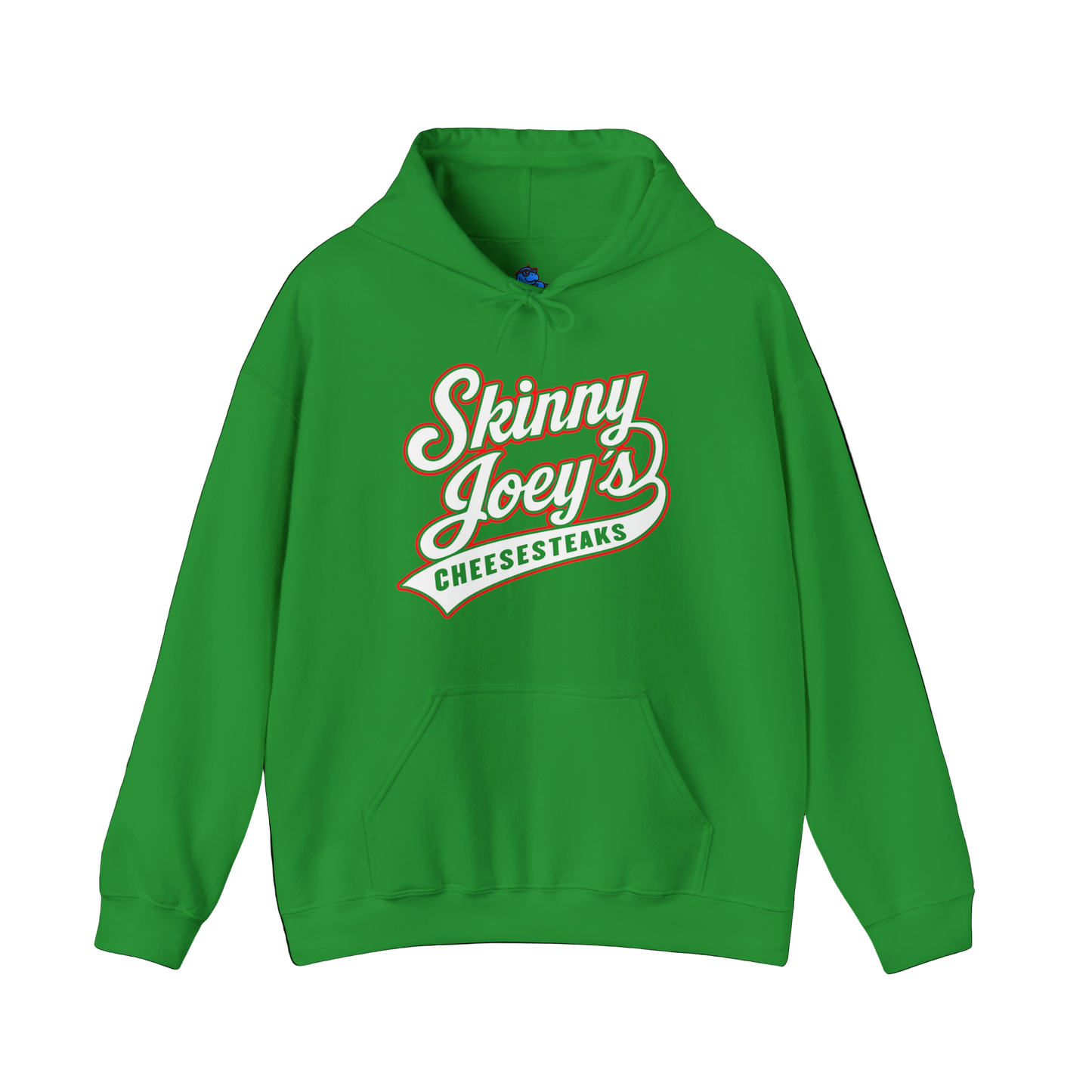 Green hoodie with 'Skinny Joey's Cheesesteaks' text on a white background