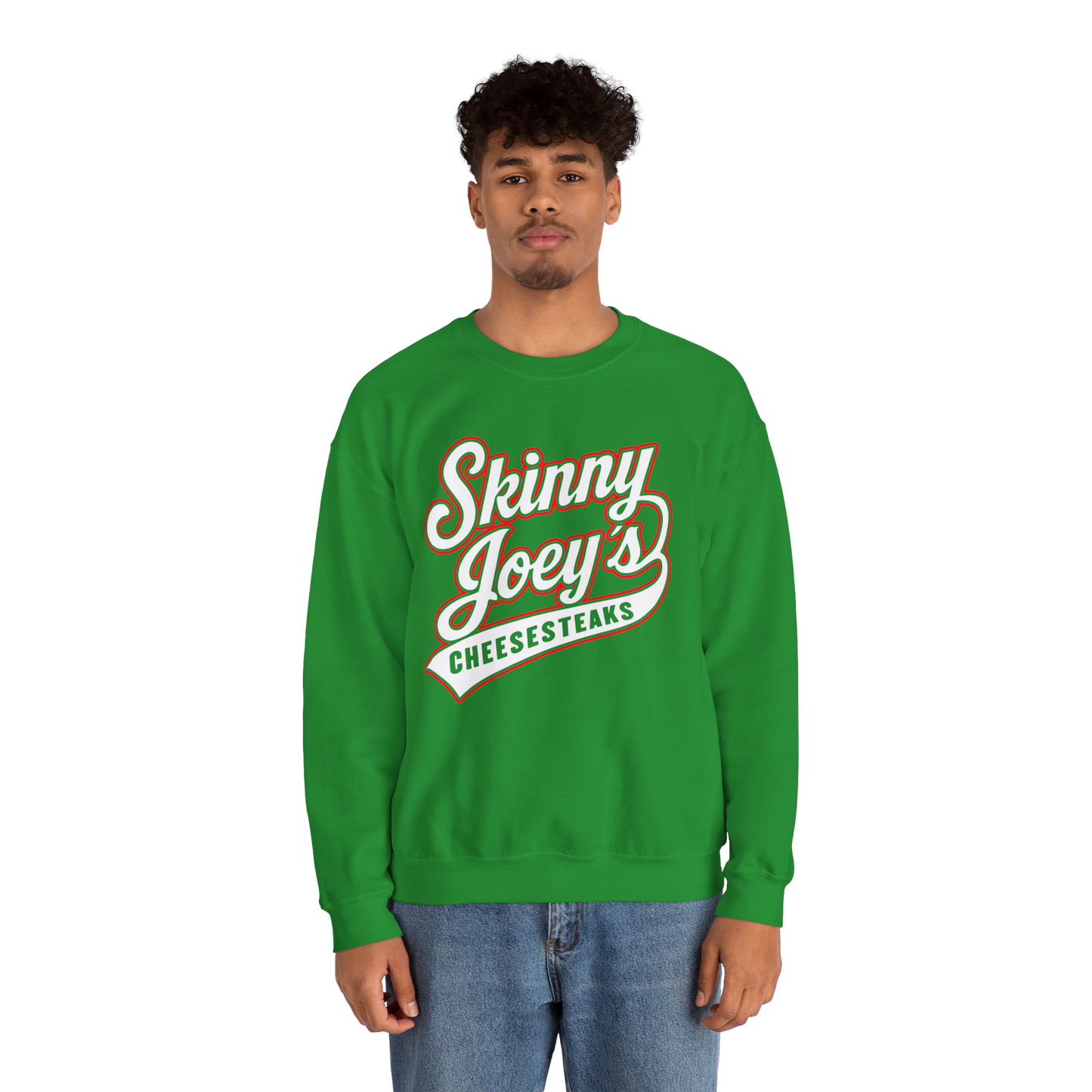 Person wearing a green 'Skinny Joey's Cheesesteaks' sweatshirt on a white background