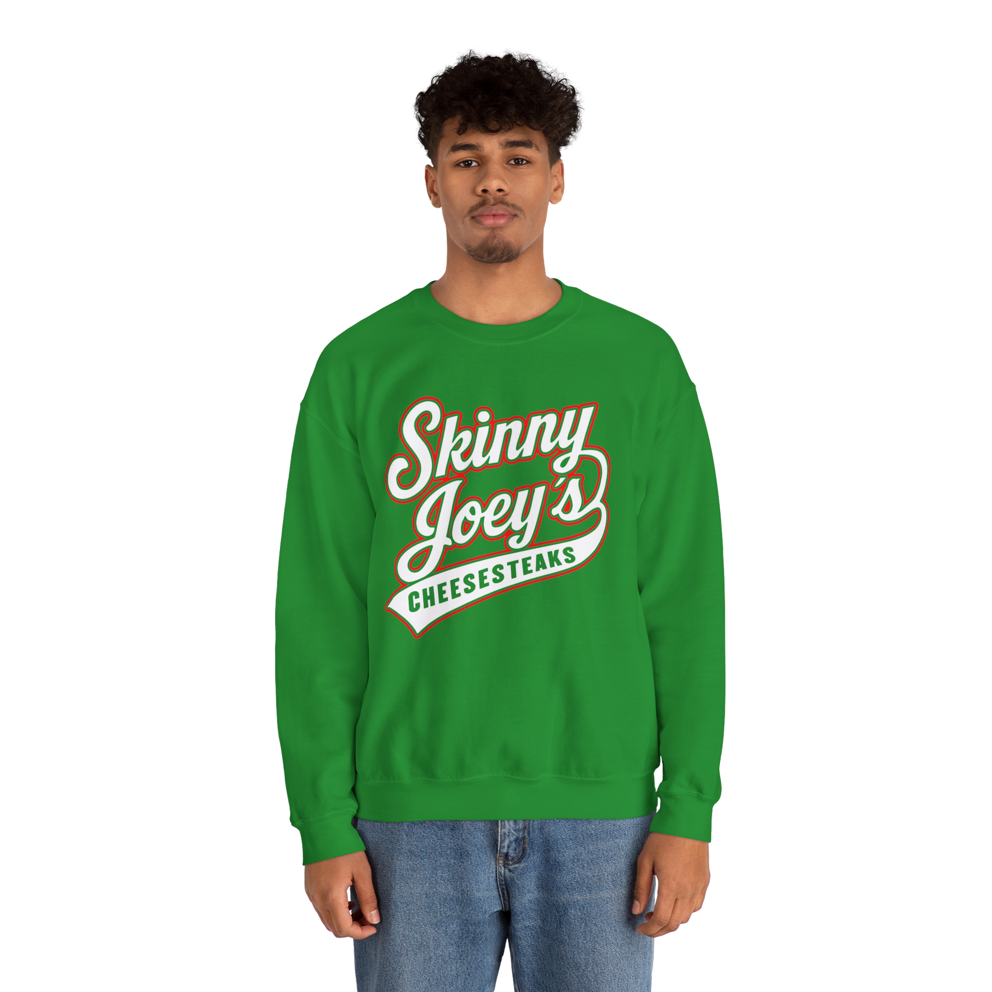 Person wearing a green 'Skinny Joey's Cheesesteaks' sweatshirt on a white background