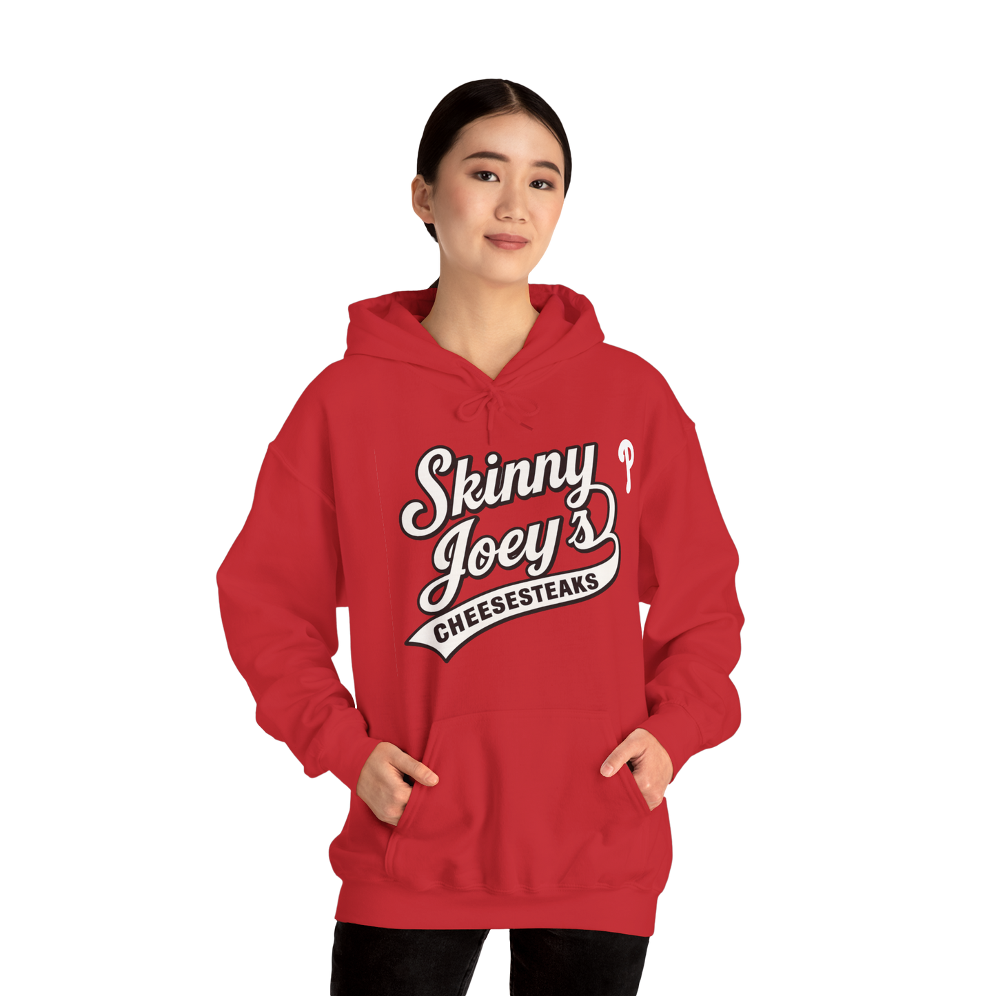 Person wearing a red hoodie with 'Skinny Joey's Cheesesteaks' text on a white background