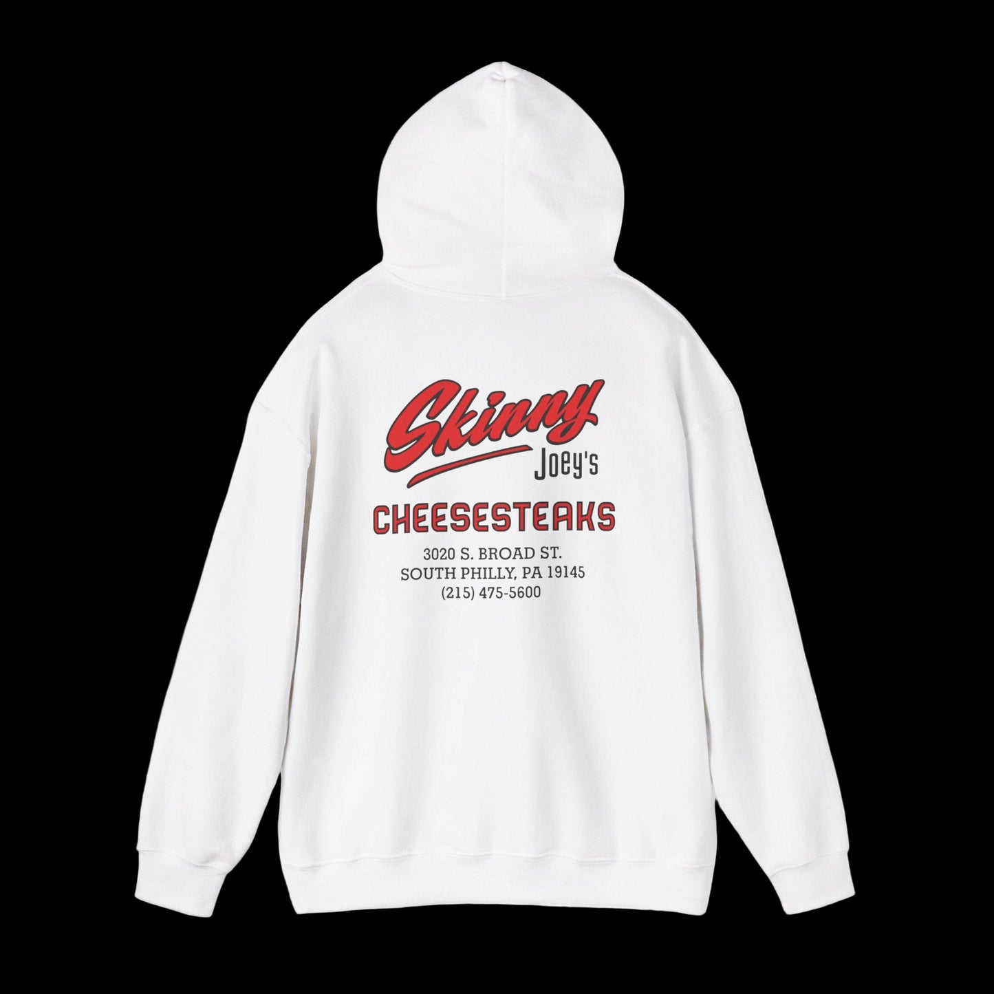 White hoodie with red and black text on a white background