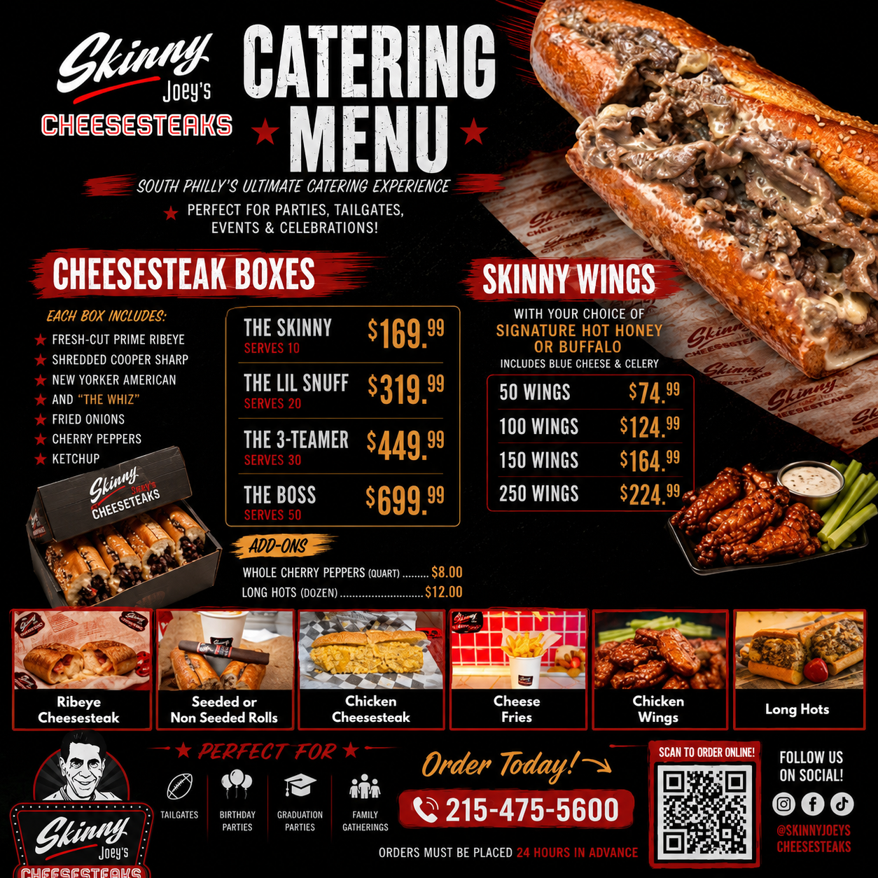 Skinny Joey's Cheesesteaks catering menu - Cheesesteak Boxes serving 10 to 50 people
