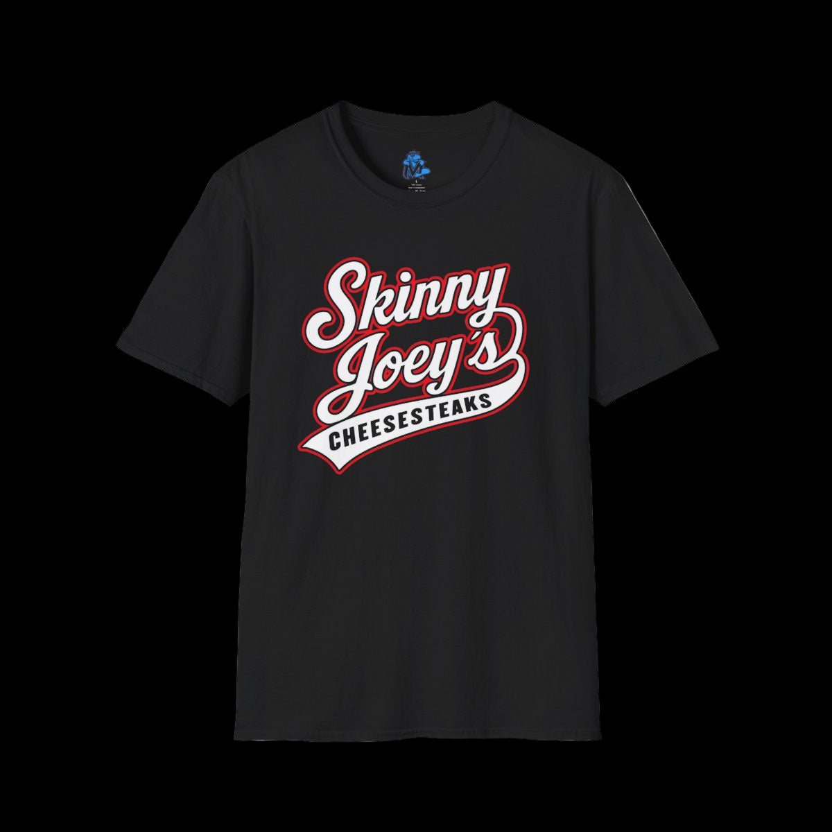 Black t-shirt with 'Skinny Joey's Cheesesteaks' text on a white background