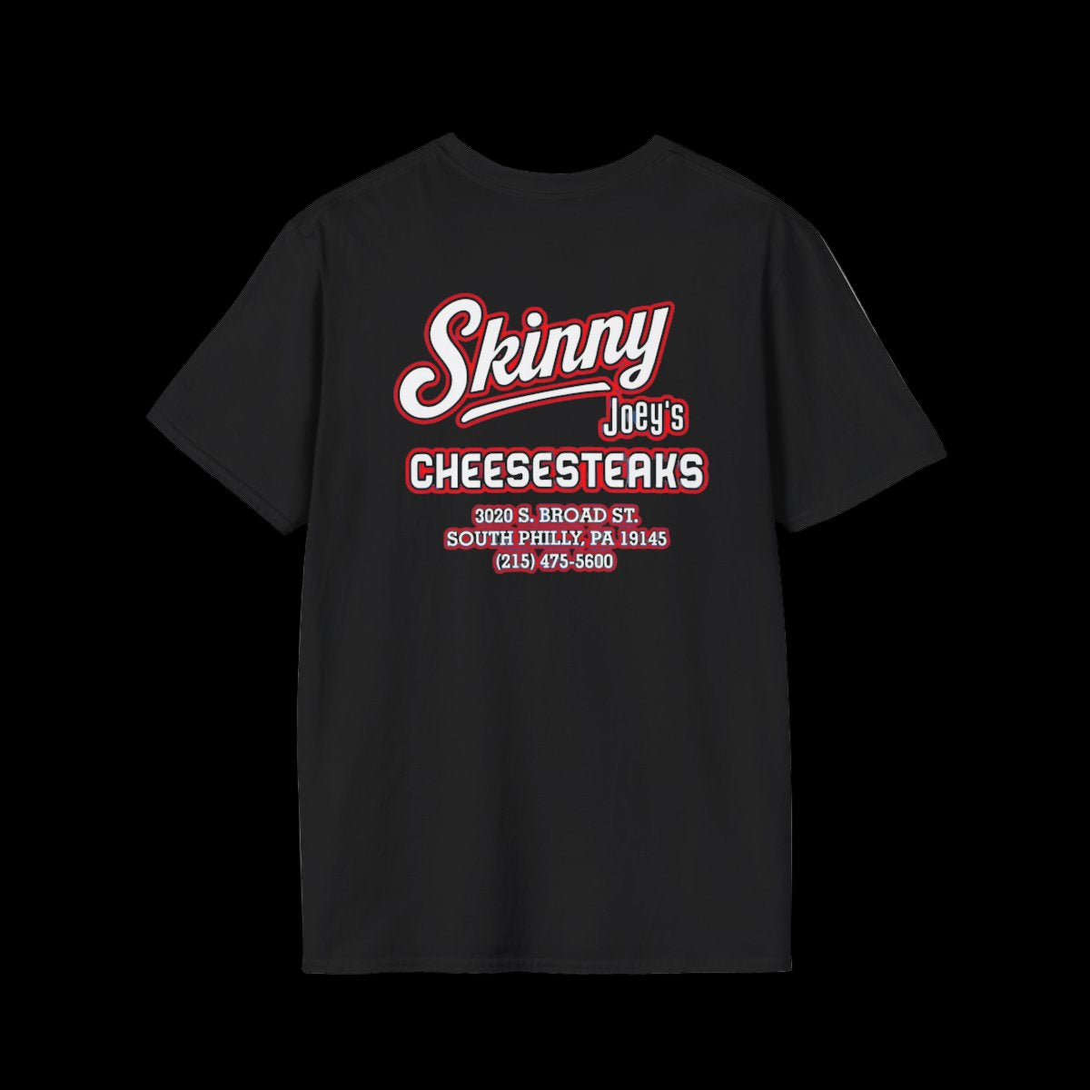 Black t-shirt with red and white text on a white background