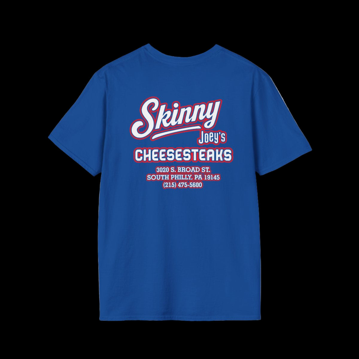 Blue t-shirt with 'Skinny Joey's Cheesesteaks' text on a white background