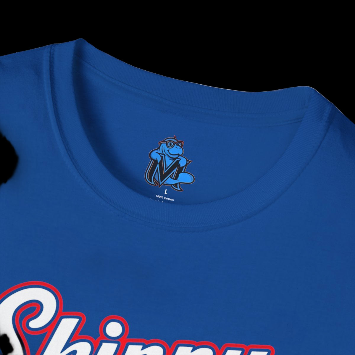 Close-up of a blue shirt with a logo and text on a white background