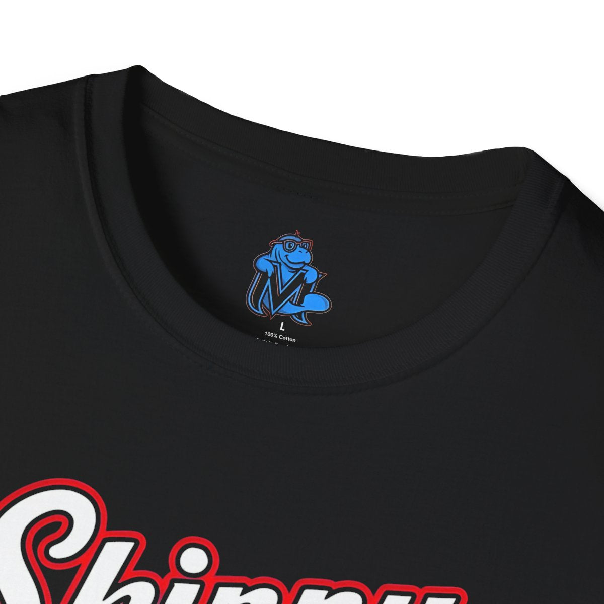 Black t-shirt with a logo on the chest area