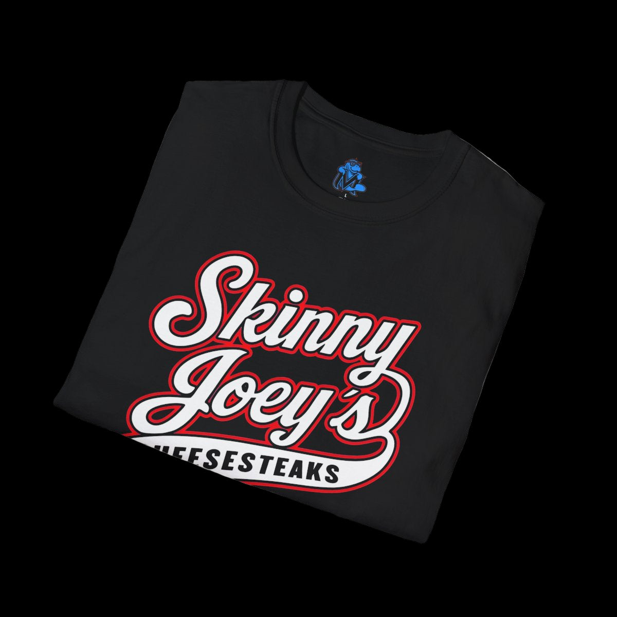 Black t-shirt with 'Skinny Joey's Cheesesteaks' text on a white background