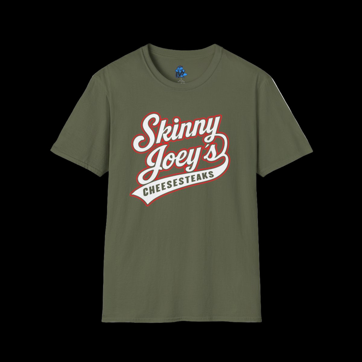 Green t-shirt with 'Skinny Joey's Cheesesteaks' text on a white background