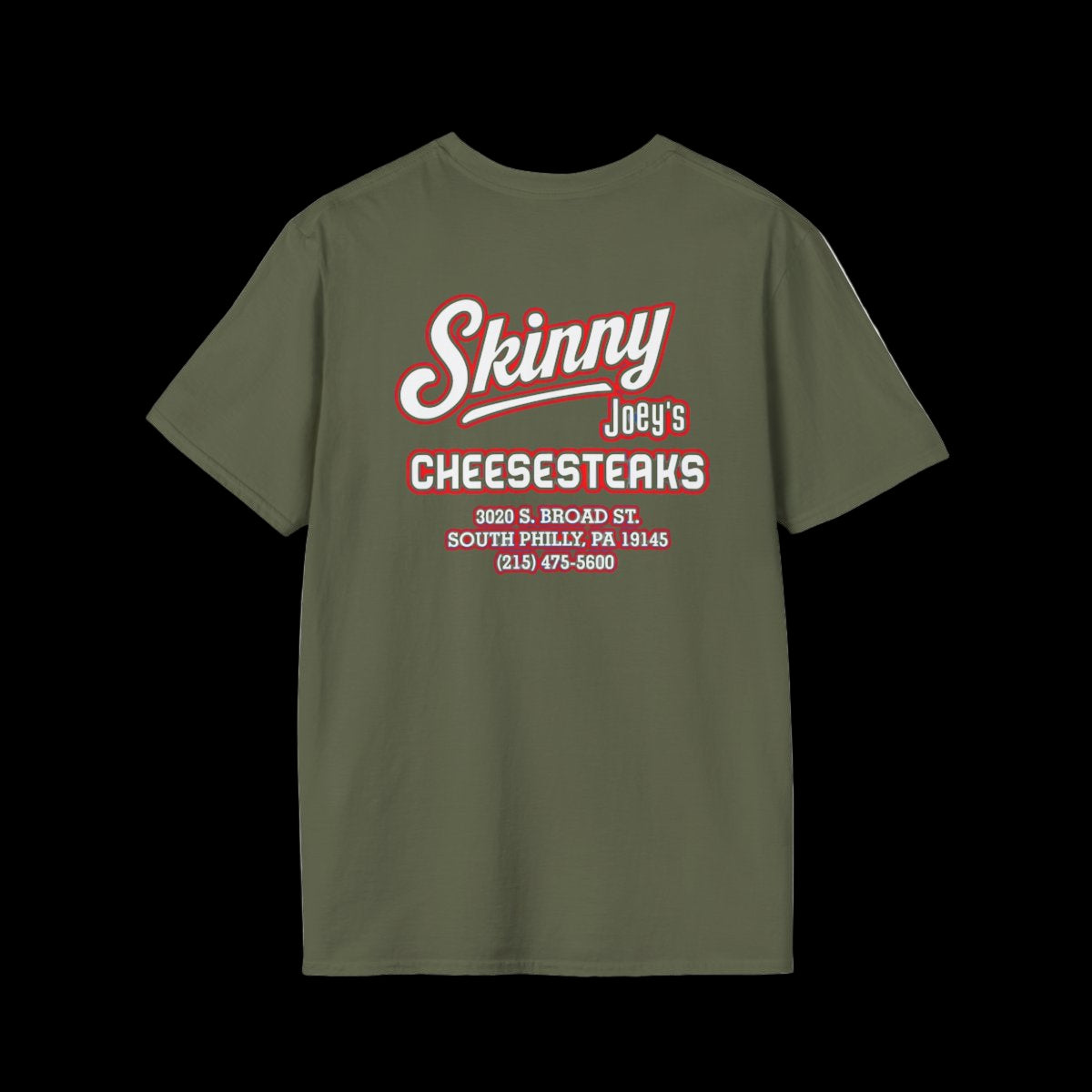 Green t-shirt with red text on a white background