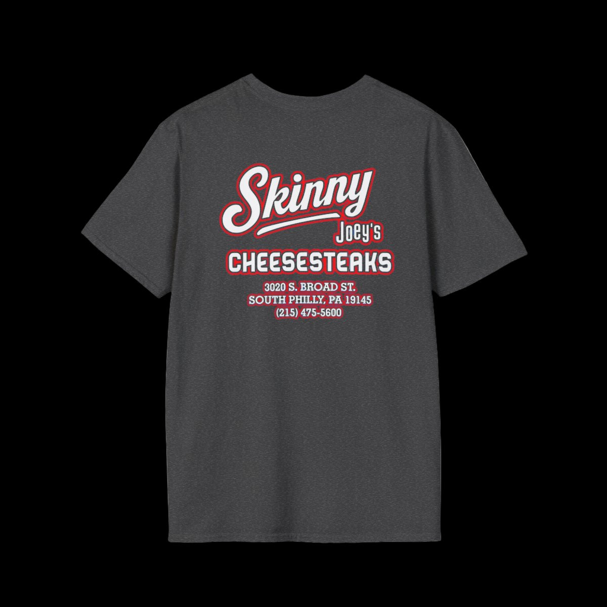 Black t-shirt with red and white text on a white background