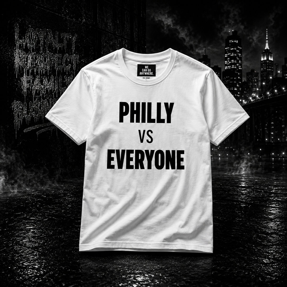 Philly vs Everyone graphic tee in white, The Skinny Podcast with Joey Merlino & Lil Snuff merch