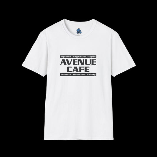 White t-shirt with 'Avenue Cafe' text on a white background