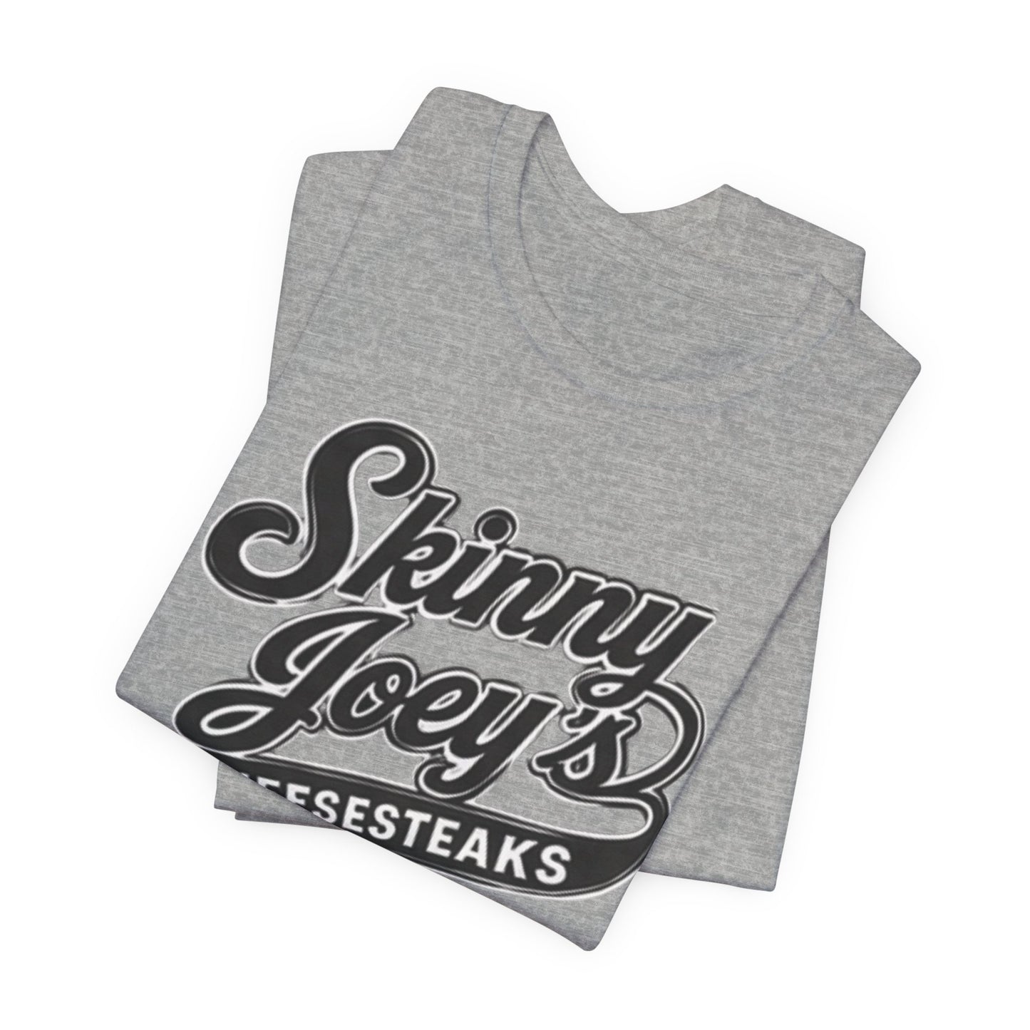 Gray tank top with 'Skinny Joey's Mesesteaks' text on a white background