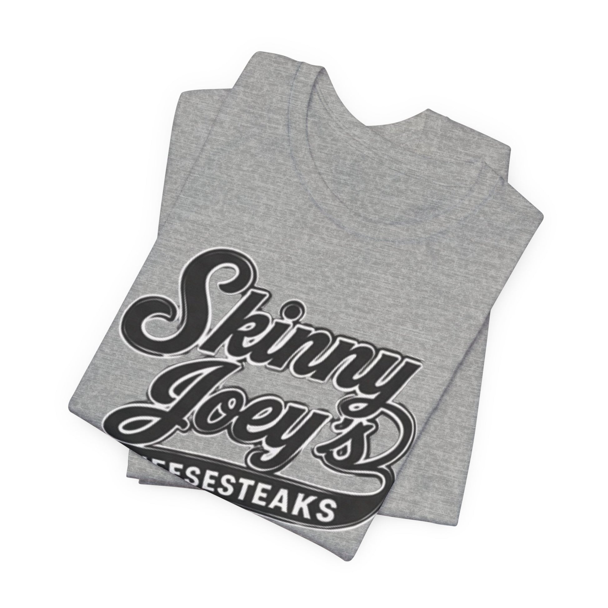Gray tank top with 'Skinny Joey's Mesesteaks' text on a white background