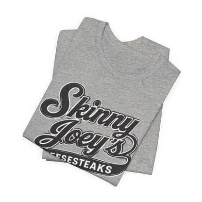 Gray tank top with 'Skinny Joey's Mesesteaks' text on a white background