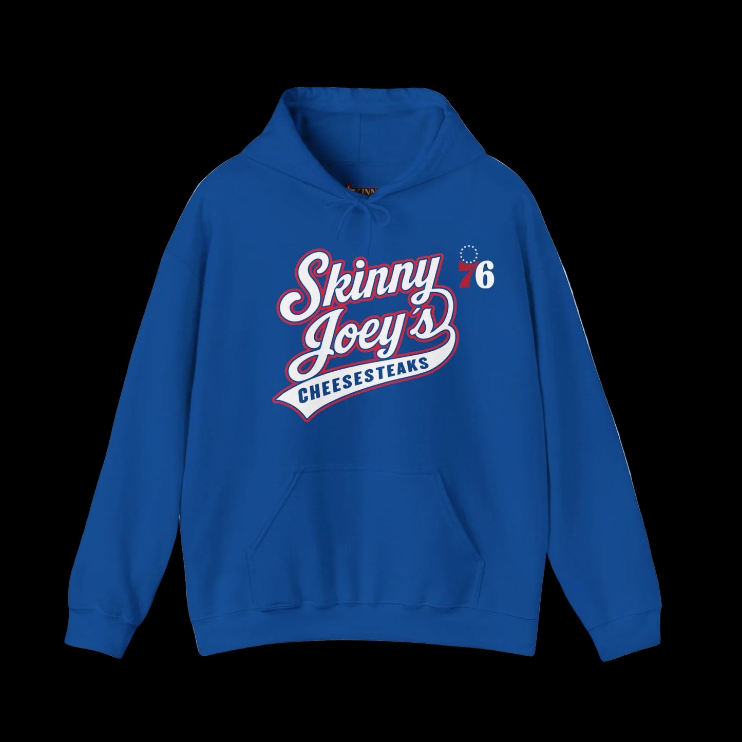 Blue hoodie with 'Skinny Joey's Cheesesteaks' text on a white background