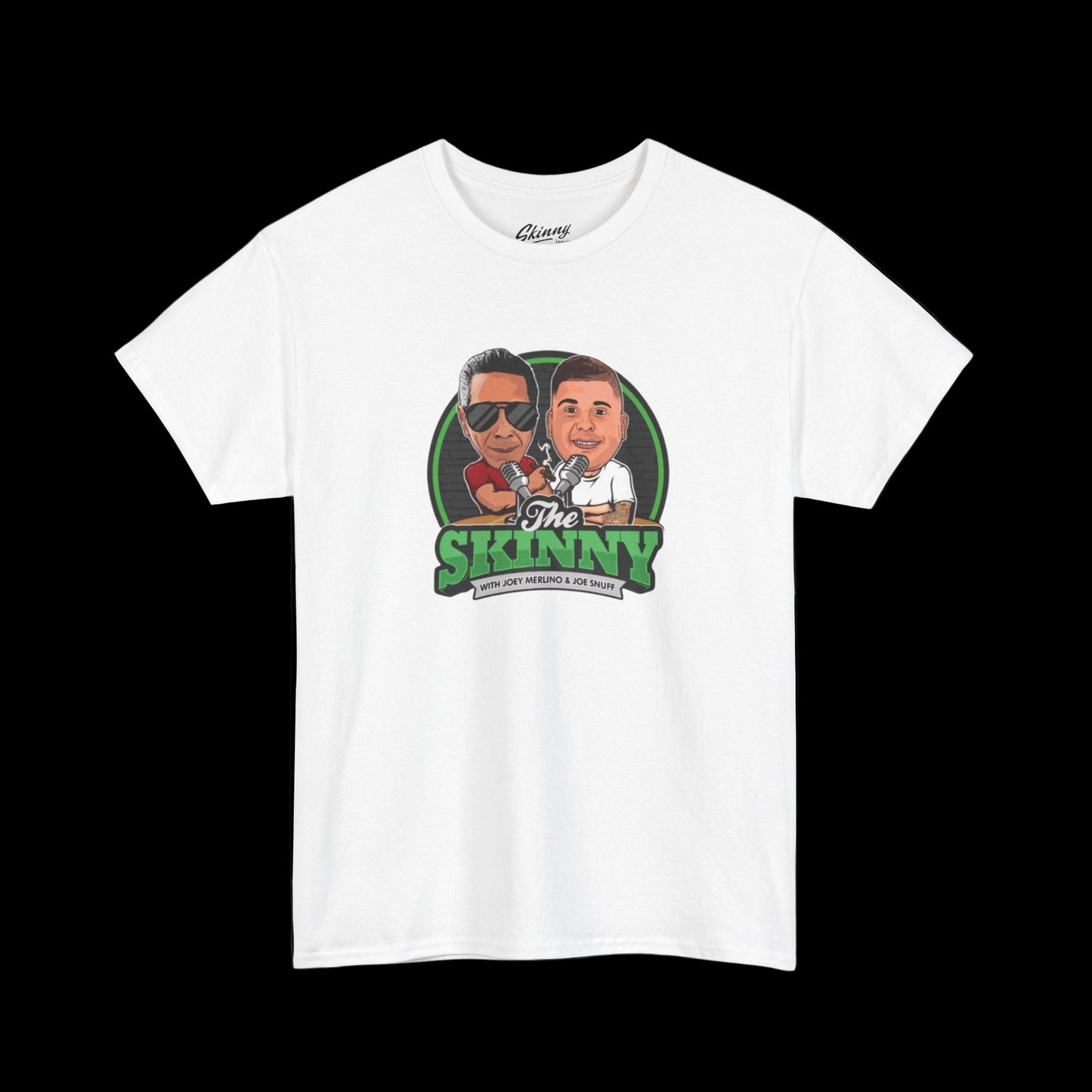 White t-shirt with 'The Skinny' graphic design on a black background