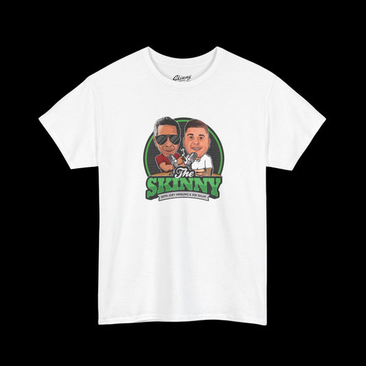 White t-shirt with 'The Skinny' graphic design on a black background