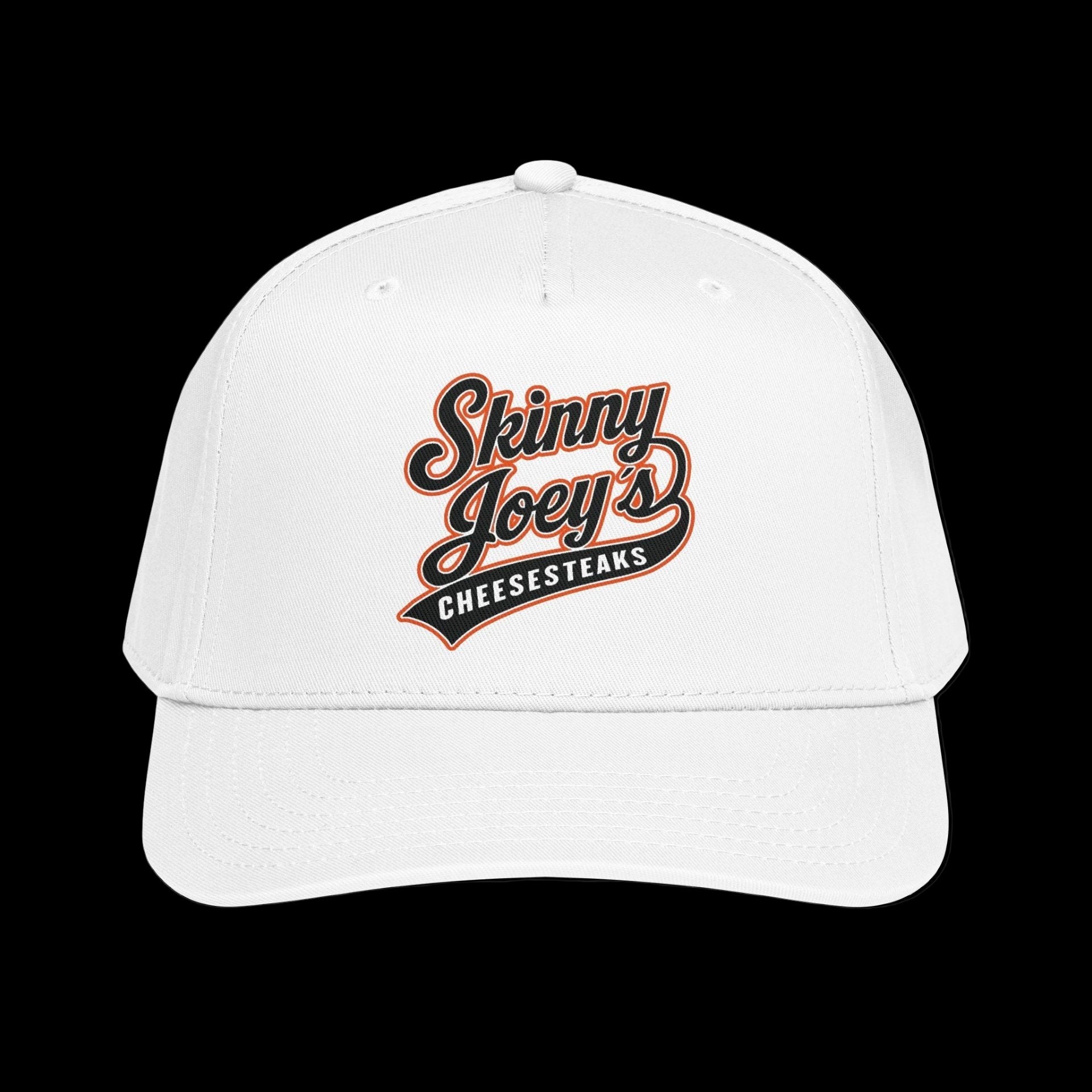 White cap with 'Skinny Joey's Cheesesteaks' logo on a black background