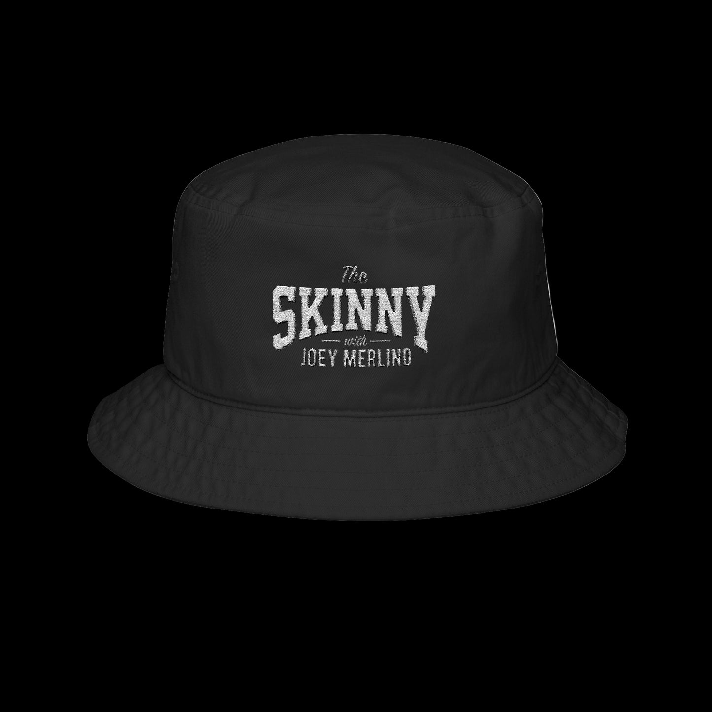 Black bucket hat with 'The Skinny with Joey Merlin' text on a white background