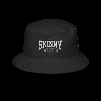 Black bucket hat with 'The Skinny with Joey Merlin' text on a white background