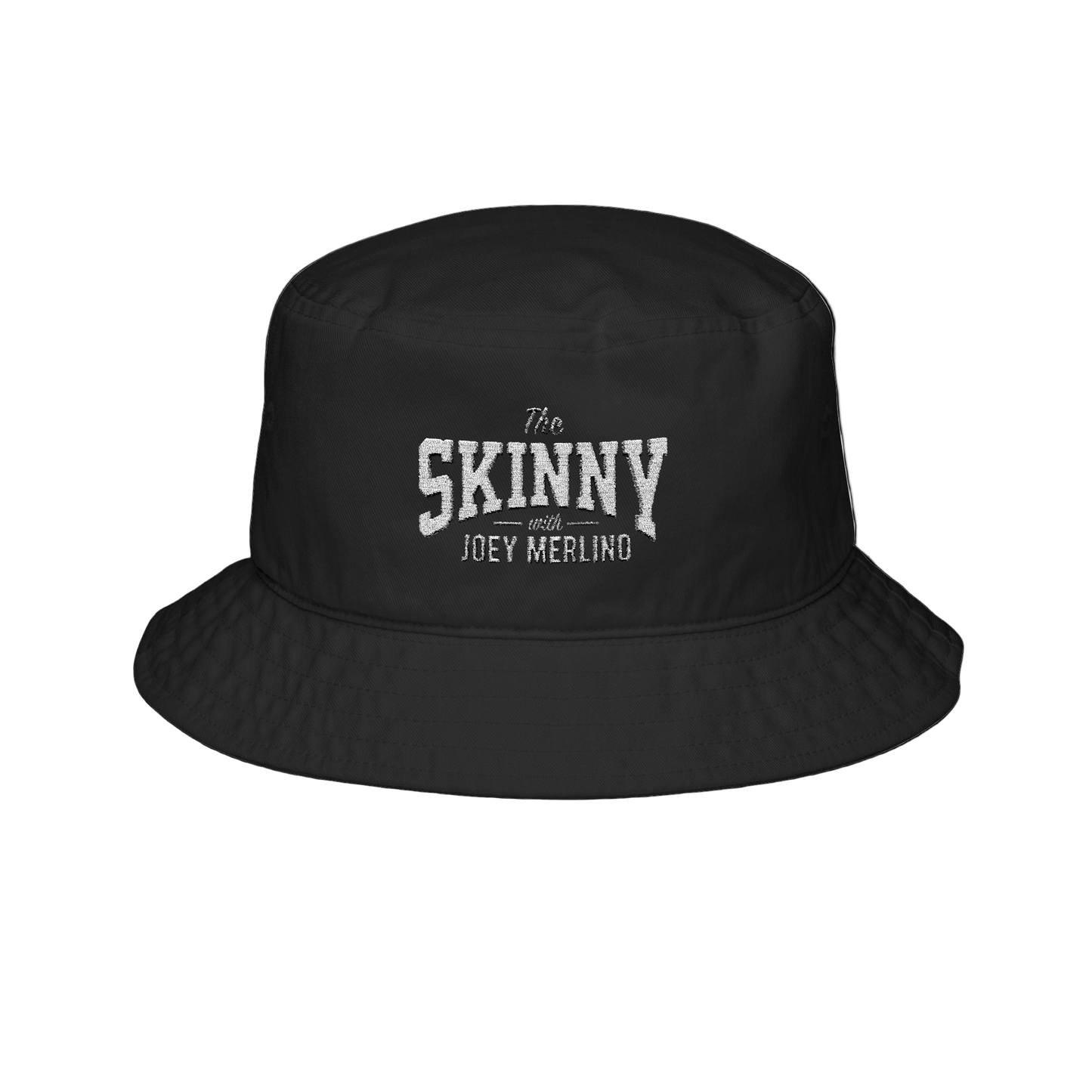 Black bucket hat with 'The Skinny with Joey Merlin' text on a white background