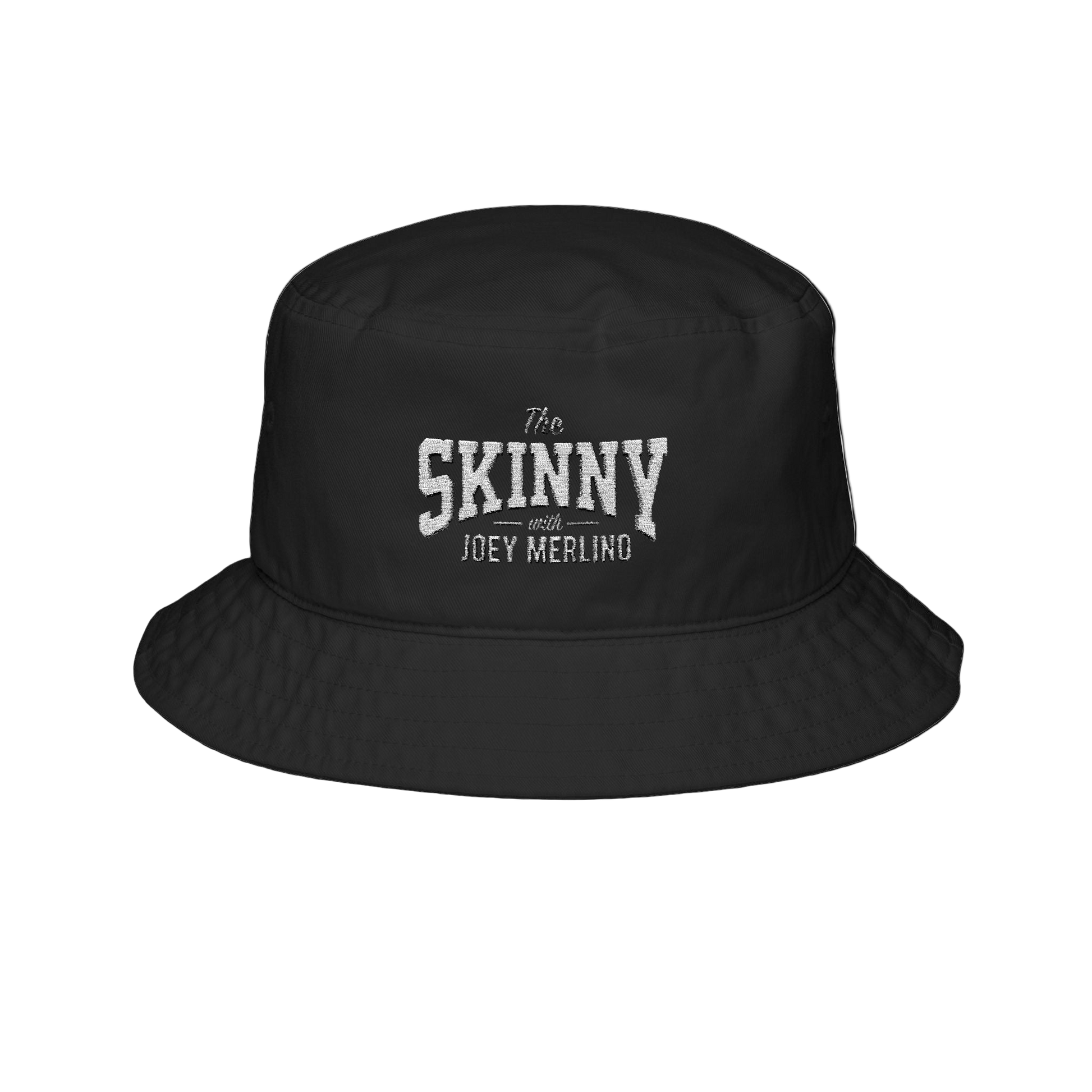 Black bucket hat with 'The Skinny with Joey Merlin' text on a white background