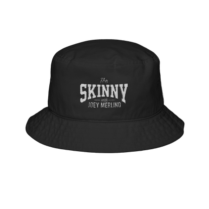 Black bucket hat with 'The Skinny with Joey Merlin' text on a white background