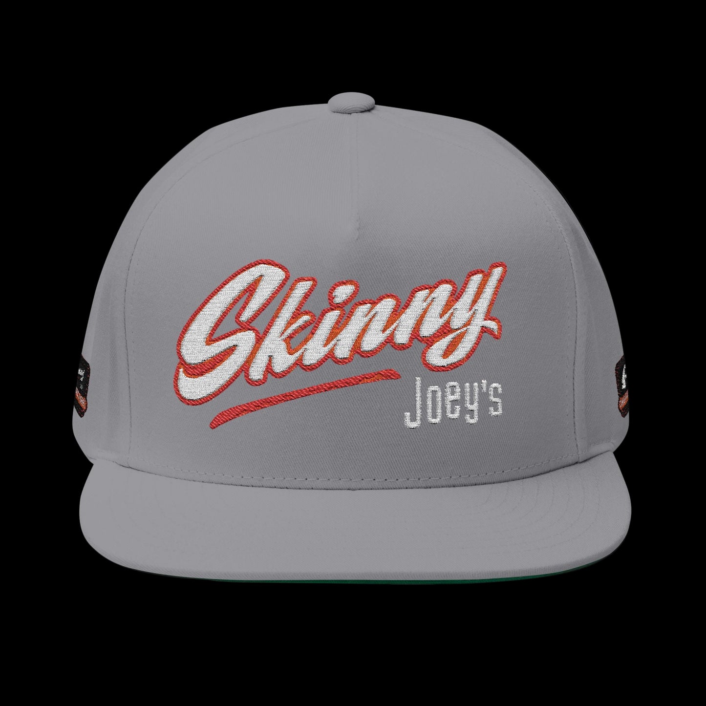 Gray cap with 'Skinny Joey's' embroidery on a white background