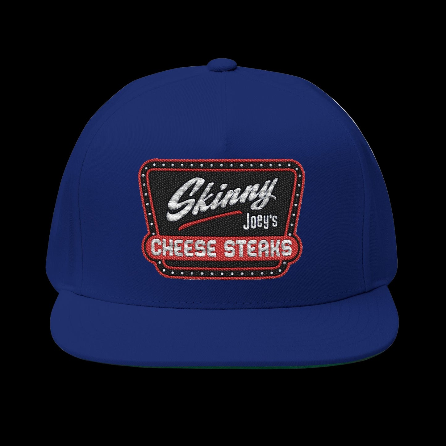 Blue cap with 'Skinny Joey's Cheese Steaks' logo on a white background