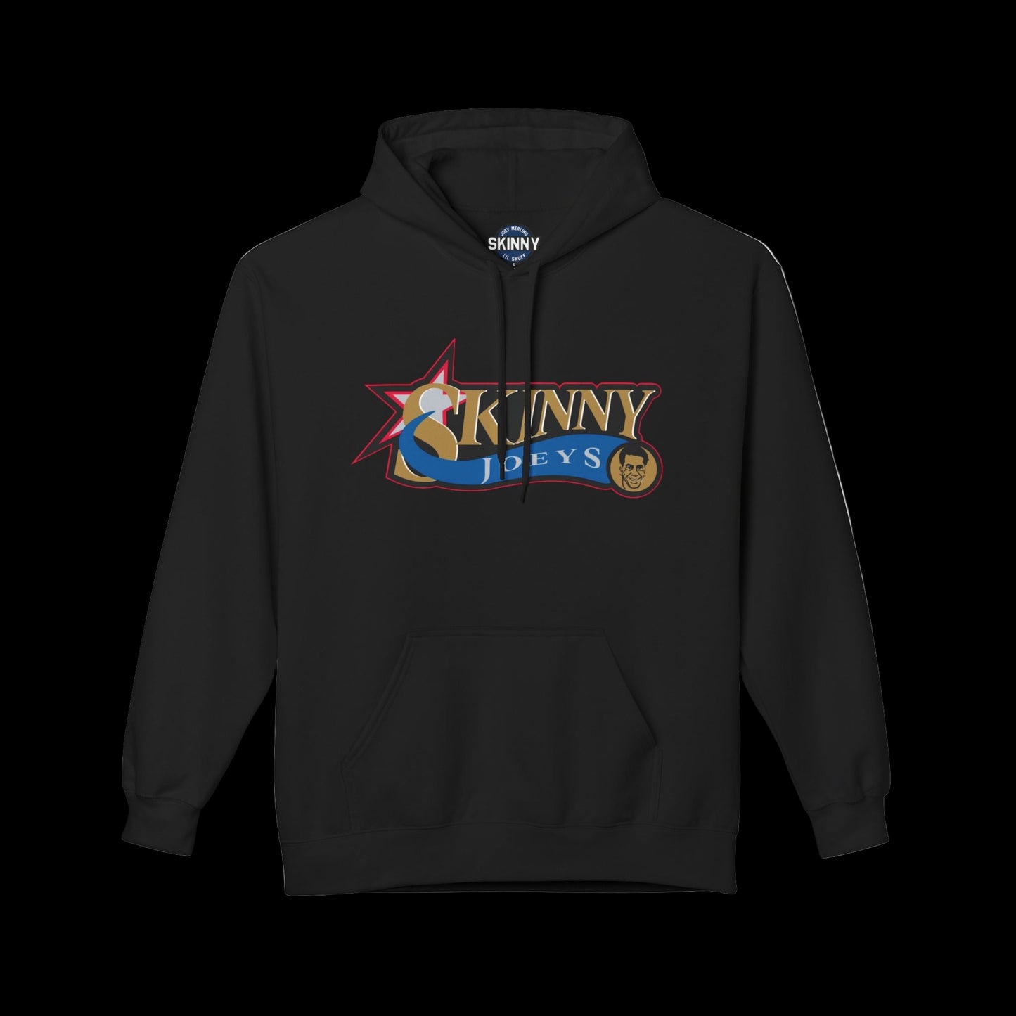 Black hoodie with colorful logo on a white background